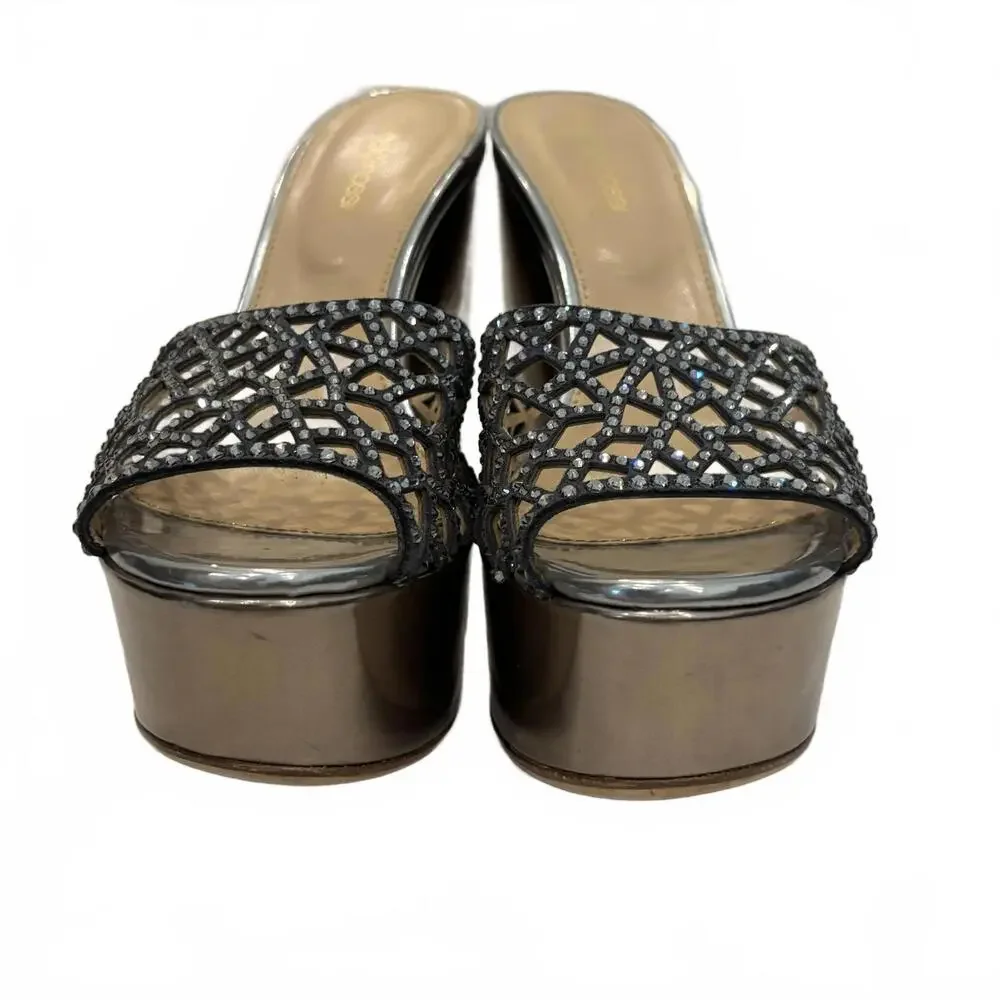 Sergio Rossi Swarovski Crystal Metallic Wedge Mules‎ Silver/Black 39.5 Italy